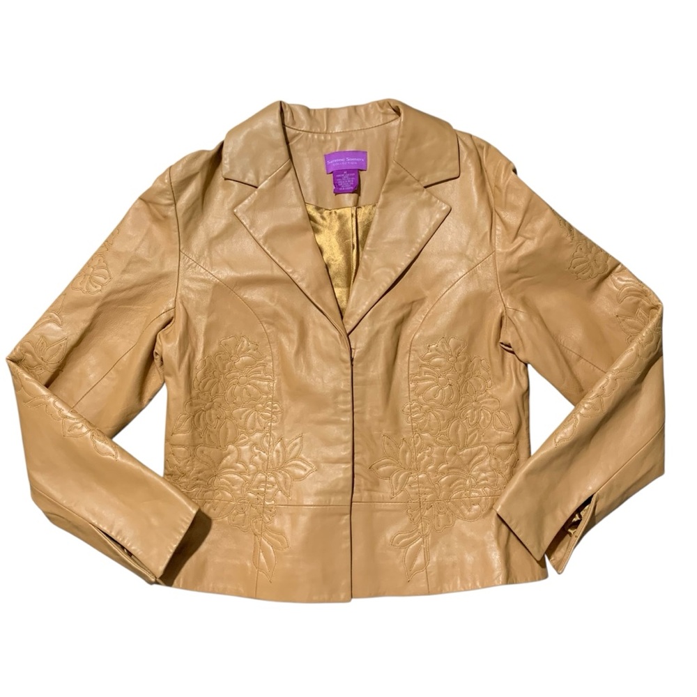 Suzanne Somers Collection Tan Genuine Leather Jacket w/ Embroidered Flowers